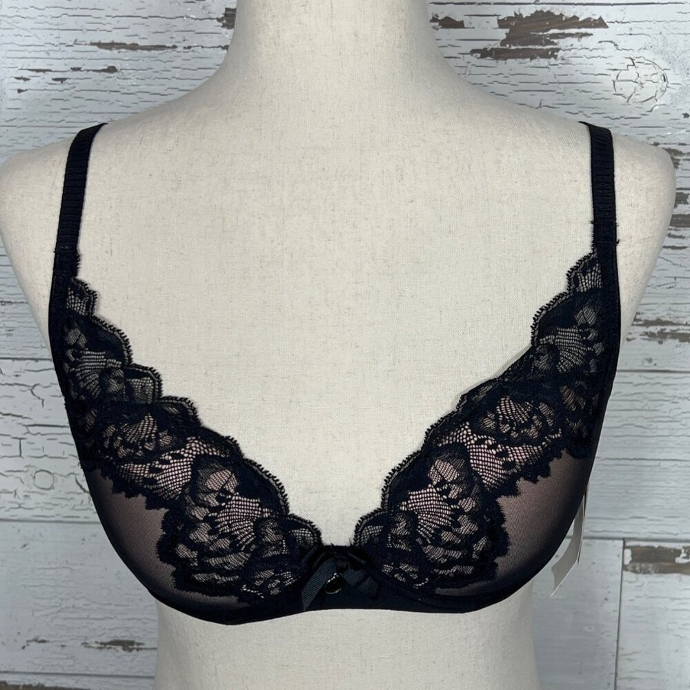 CHANTELLE Orangerie Lace Underwire Plunge Bra Black Sz 30DD #C67620 NWT